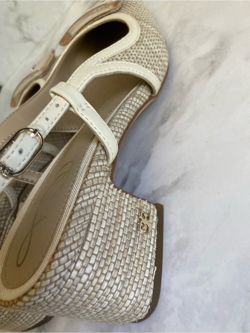 Sam Edelman Beige Woven Slingback Block-Heel Pumps - Picture 6 of 9